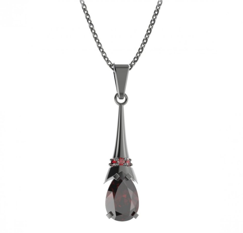 Stříbrný přívěsek kapka s českým granátem, ruthenium – 494-C