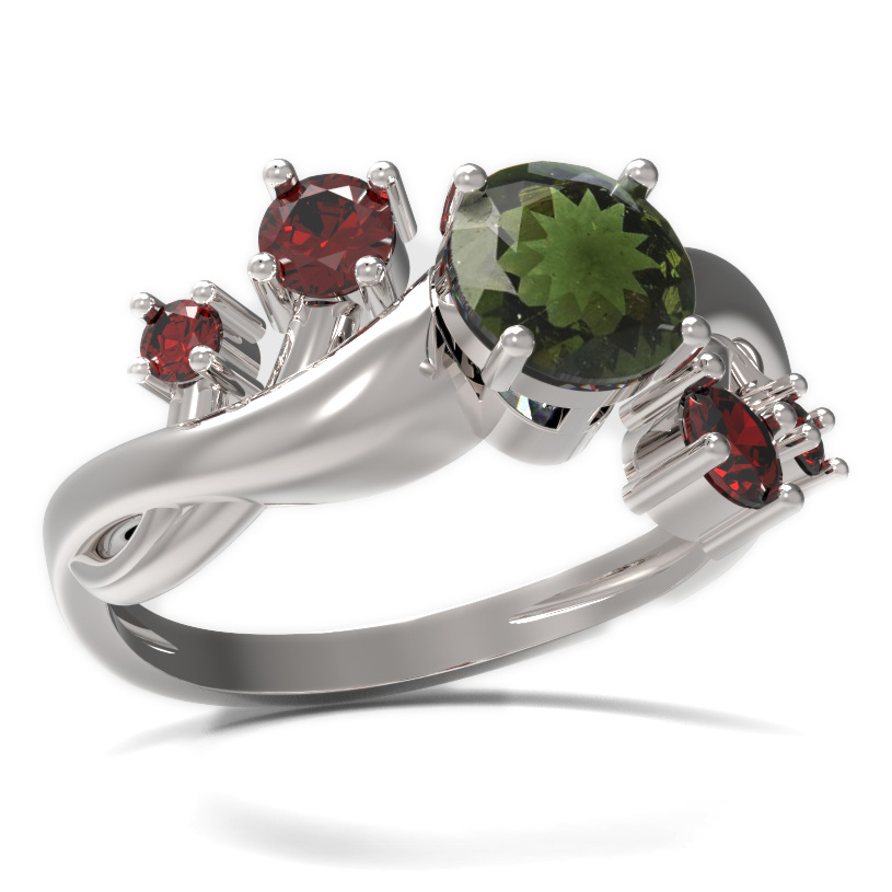 BG prsten s kulatým kamenem 473-P Bílé zlato - 585 Vltavín a granát