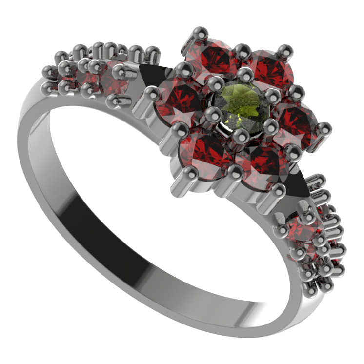 BG prstýnek 002 Stříbro 925 - ruthenium (30-90dní) Vltavín a granát