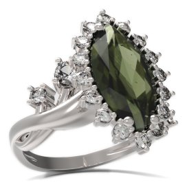 BG prsten s oválným kamenem 513-P Stříbro 925 - rhodium Vltavín a  kubický zirkon