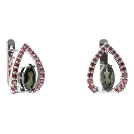 BG náušnice s centrálním oválným kamenem 483-90 Stříbro 925 - rhodium Vltavín a granát
