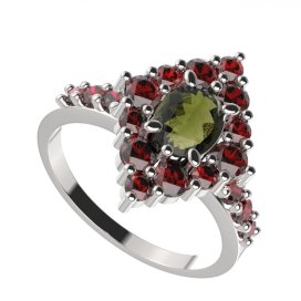BG prsten oválný 422-Z Stříbro 925 - rhodium Vltavín a granát