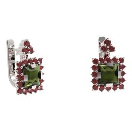 BG náušnice s centrálním čtvercovým kamenem 499-87 Stříbro 925 - rhodium Vltavín a granát
