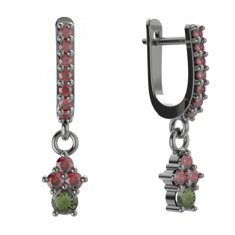 Stříbrné náušnice s vltavínem a českým granátem, ruthenium, visací – 159