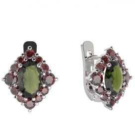 BG náušnice vsazený granát hvězdicový brus  466-07 Stříbro 925 - rhodium Vltavín a granát