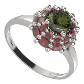 BG prsten kulatý 751-I Stříbro 925 - rhodium Vltavín a granát
