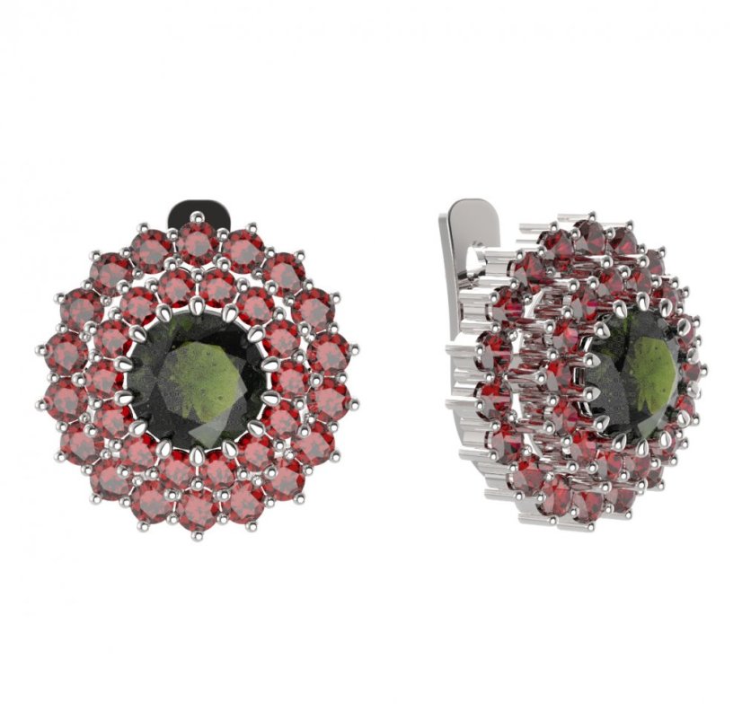BG náušnice kulatého tvaru 457-07 Stříbro 925 - rhodium Vltavín a granát