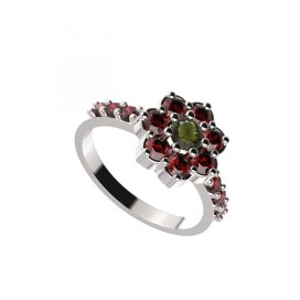 BG prsten 456-Z kulatého tvaru Stříbro 925 - rhodium Vltavín a granát