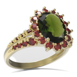 BG prsten s oválným kamenem 516-G Žluté zlato - 585 Vltavín a granát