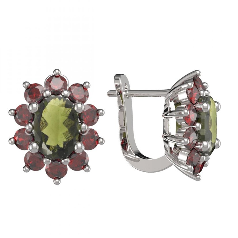 BG náušnice vsazený granát 756 Bílé zlato - 585 Vltavín a granát