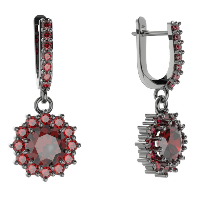 Stříbrné náušnice s českým granátem, ruthenium, visací – 098-84