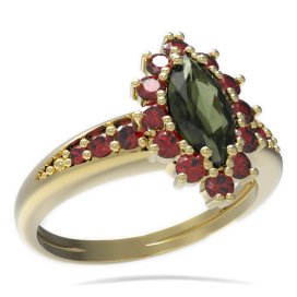 BG prsten oválný kámen 504-J Žluté zlato - 585 Vltavín a granát