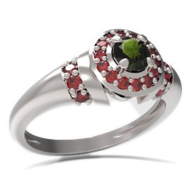 BG prsten kulatý kámen 541-K Bílé zlato - 585 Vltavín a granát