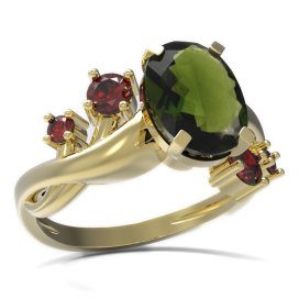 BG prsten s oválným kamenem 493-P Žluté zlato - 585 Vltavín a granát