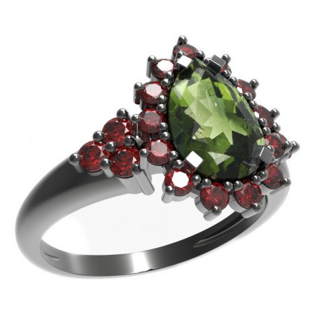 BG prsten s kapkovitým kamenem 505-U - Kov: Stříbro 925 - rhodium, Kámen: Vltavín a granát