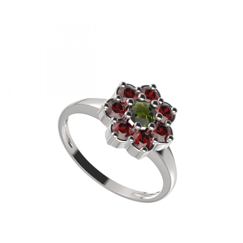 BG prsten kulatý 456-I Bílé zlato - 585 Vltavín a granát