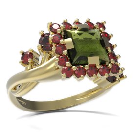 BG prsten s čtvercovým kamenem 499-P Žluté zlato - 585 Vltavín a granát