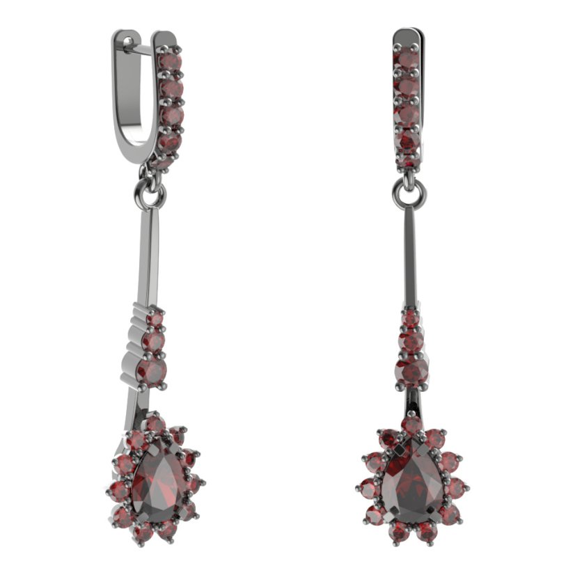 Stříbrné náušnice kapka s českým granátem, ruthenium, anglické zapínání – 509-B93