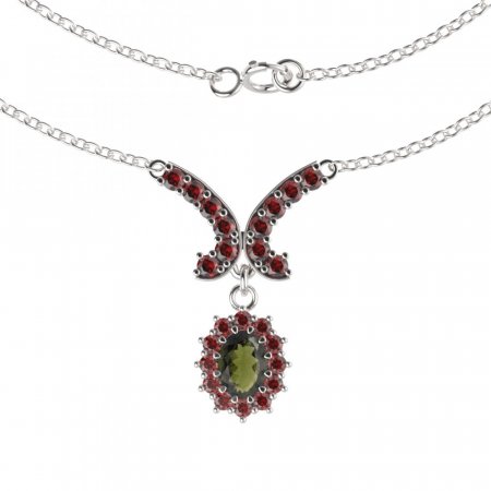 BG garnet necklace 298 - Metal: Silver 925 - rhodium, Stone: Moldavit and garnet