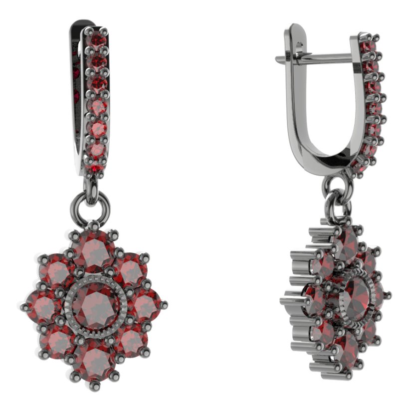 Stříbrné náušnice s českým granátem, ruthenium, visací – 017-84