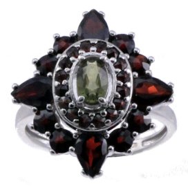 BG prsten vsazeny kameny:český granát  410 Bílé zlato - 585 Vltavín a granát