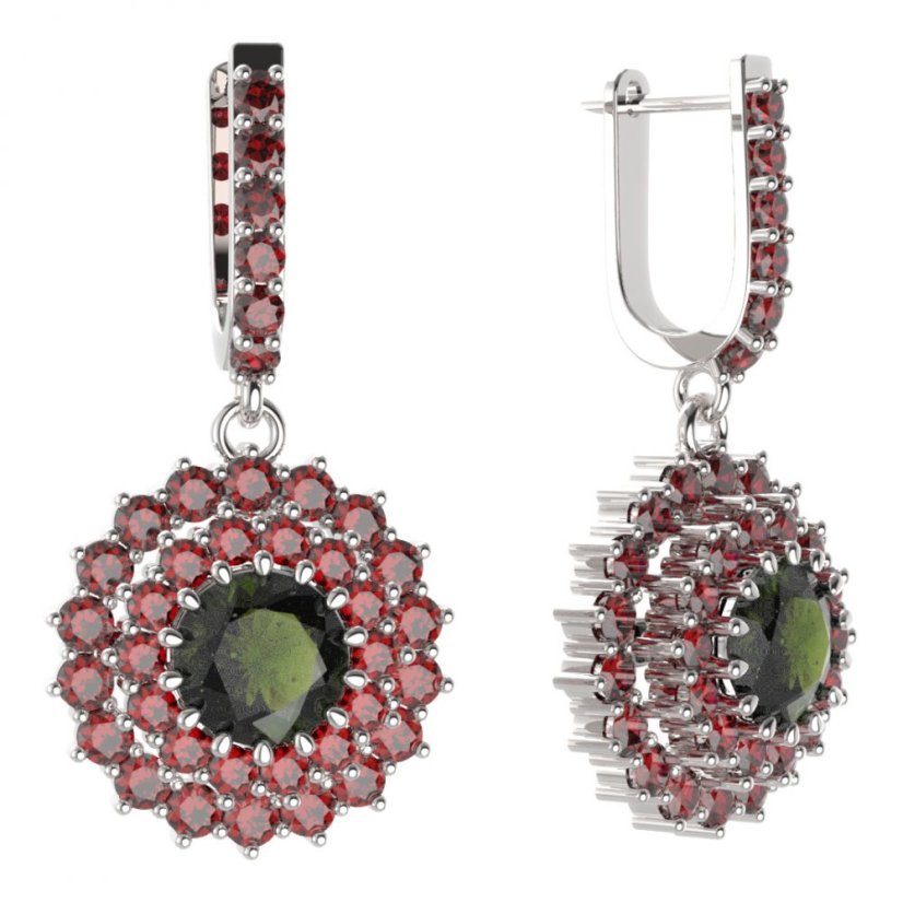 BG kulaté náušnice 457-94 Stříbro 925 - rhodium Vltavín a granát