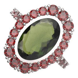 BG prsten 523-Z oválného tvaru Stříbro 925 - rhodium Vltavín a granát