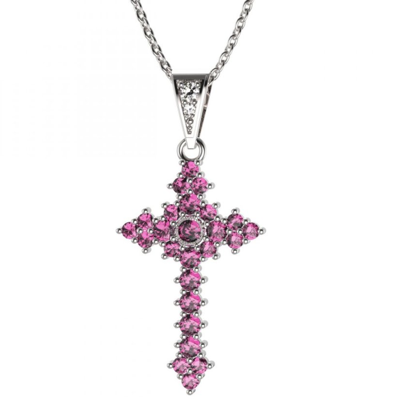 Zlatý přívěsek křížek s růžovým zirkonem, bílé zlato 585 – 264 (ZN442641)