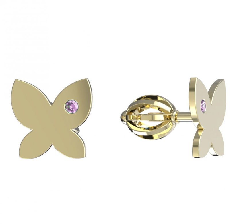 BeKid dětské náušnice motýlek 843 Žluté zlato - 585 Růžový kubický zirkon