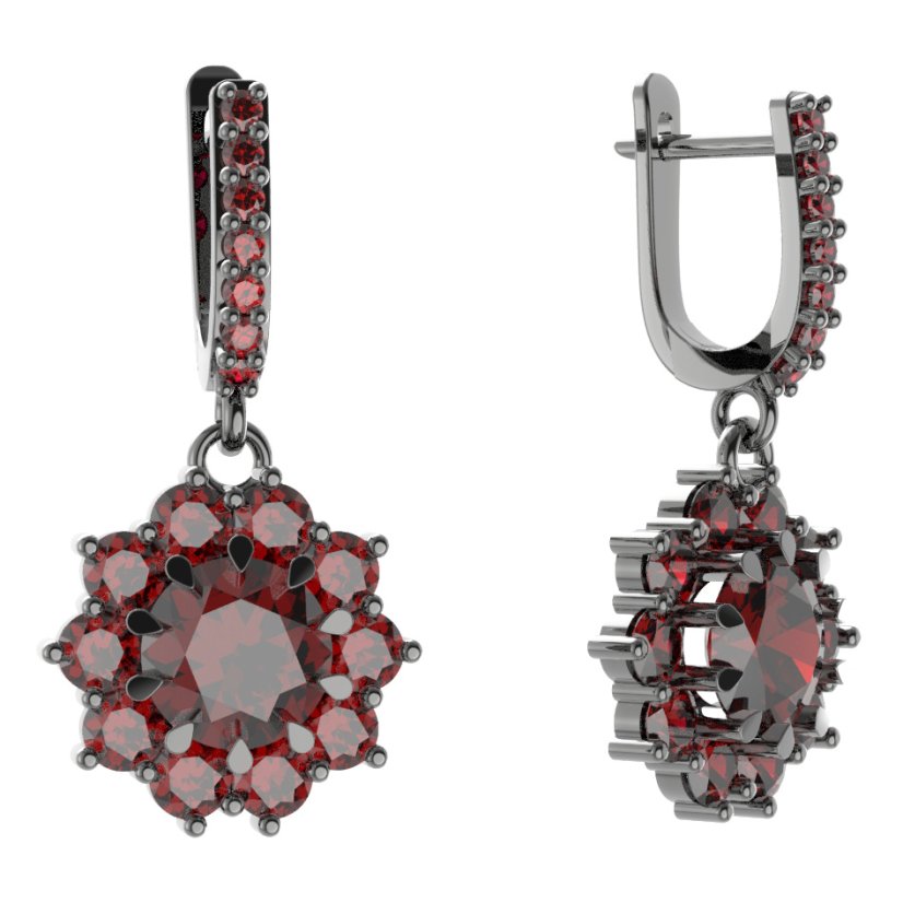 Stříbrné náušnice s českým granátem, ruthenium, visací – 011-84