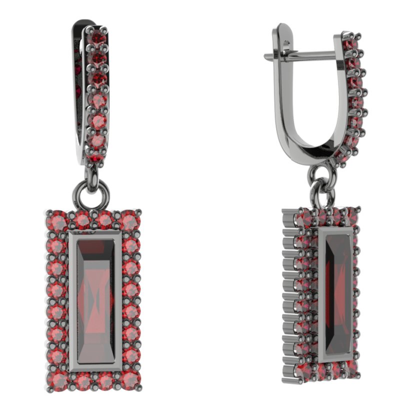 Stříbrné náušnice s českým granátem, ruthenium, visací – 837-84