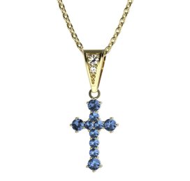 Zlatý přívěsek křížek se světle modrým zirkonem, žluté zlato 585 – 256 (ZM342561)