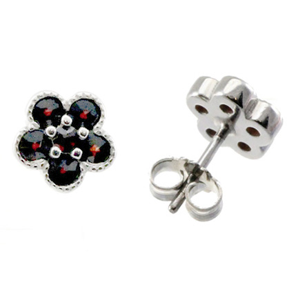 Stříbrné náušnice s českým granátem, ruthenium, puzety – 958