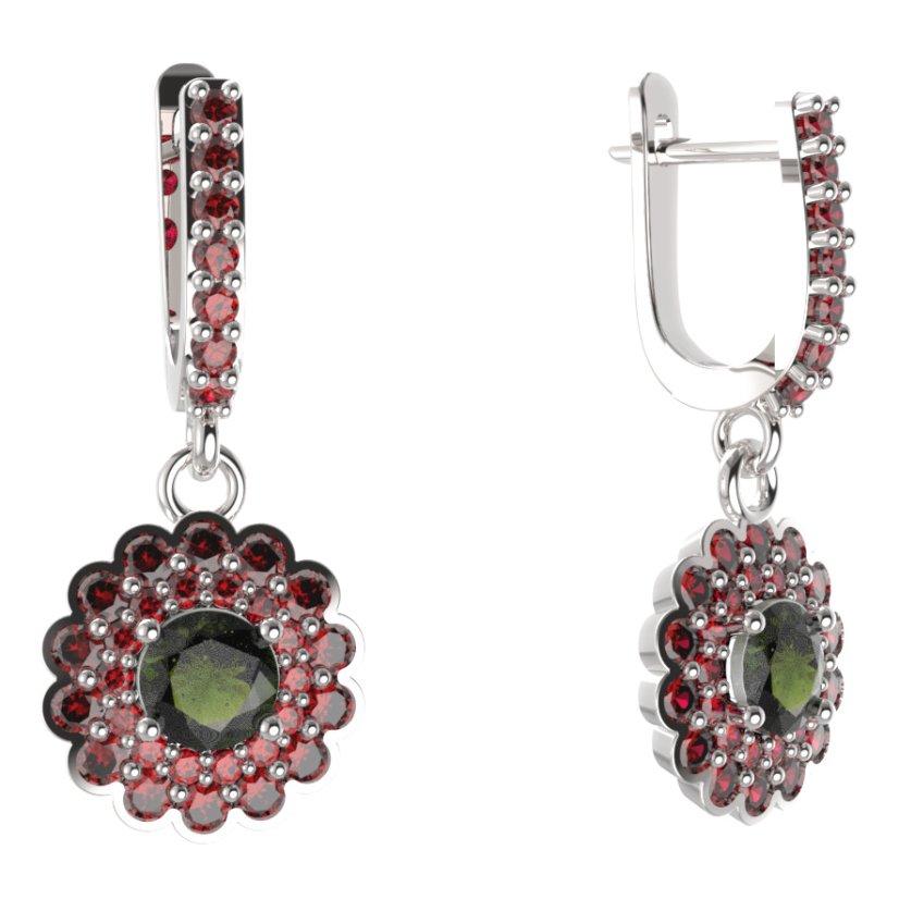 BG kulaté náušnice 463-84 Stříbro 925 - rhodium Vltavín a granát