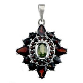 BG přívěs vsazeny kameny:český granát  410 Stříbro 925 - rhodium Vltavín a granát