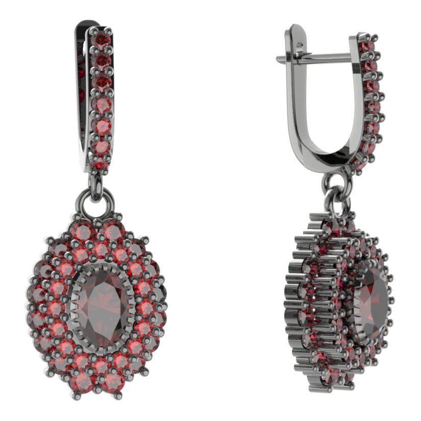Stříbrné náušnice s českým granátem, ruthenium, visací – 243-84