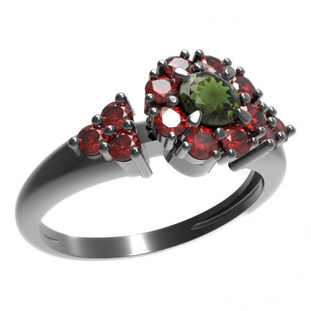 BG prsten s kulatým kamenem 497-U - Kov: Stříbro 925 - ruthenium, Kámen: Vltavín a granát