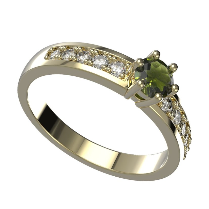 BG zlatý granátový, vltavínový  prstýnek 1453 Žluté zlato - 585 Vltavín a diamant
