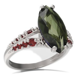 BG prsten s oválným kamenem 481-G Bílé zlato - 585 Vltavín a granát