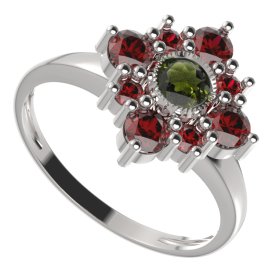 BG prsten čtvercový 105-I Stříbro 925 - rhodium Vltavín a granát