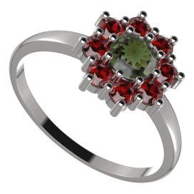 BG prsten kulatý 023-I Bílé zlato - 585 Vltavín a granát