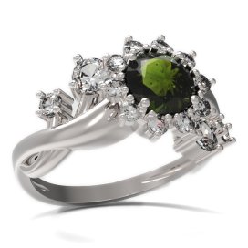 BG prsten s kulatým kamenem 511-P Stříbro 925 - rhodium Vltavín a  kubický zirkon