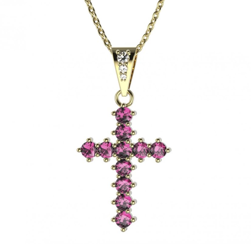 Zlatý přívěsek křížek s růžovým zirkonem, žluté zlato 585 – 258 (ZN342582)