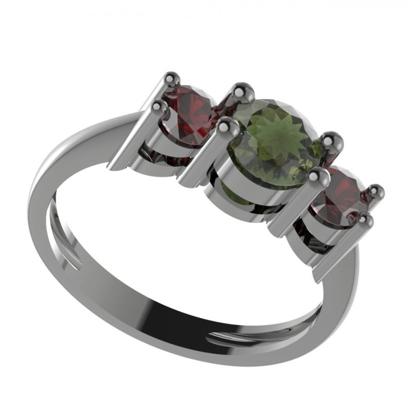 BG prsten přírodní broušený granát nebo vltavín 746 Stříbro 925 - ruthenium (30-90dní) Vltavín a granát