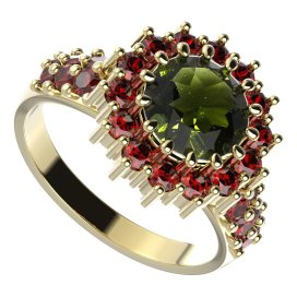 BG prsten 096-X kulatého tvaru Žluté zlato - 585 Vltavín a granát
