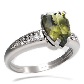 BG prsten kapkovitý kámen 494-J Stříbro 925 - rhodium Vltavín a  kubický zirkon