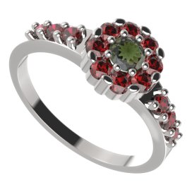 BG prsten 088-Z kulatého tvaru Bílé zlato - 585 Vltavín a granát