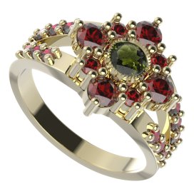 BG prsten čtvercový 105-Y Žluté zlato - 585 Vltavín a granát
