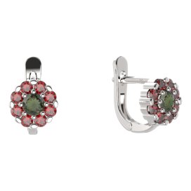 BG náušnice kulatého tvaru 088-07 Stříbro 925 - rhodium Vltavín a granát