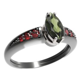 BG prsten oválný kámen 483-J Stříbro 925 - ruthenium (30-90dní) Vltavín a granát